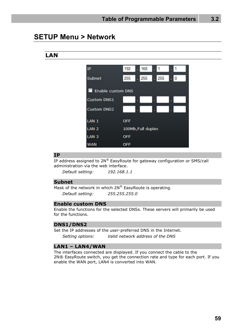 Setup menu > network, Table of programmable parameters 3.2 | 2N Wireless 3G router 2N EasyRoute_new design - User manual, 1670 v1.06 User Manual | Page 59 / 101