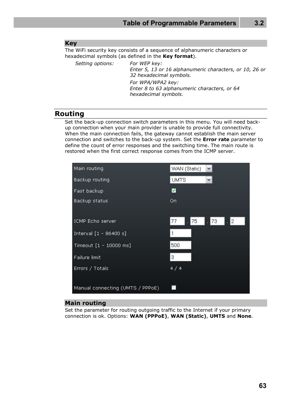 Table of programmable parameters 3.2, Routing | 2N Wireless 3G router 2N EasyRoute_new design - User manual, 1670 v1.06 User Manual | Page 63 / 101