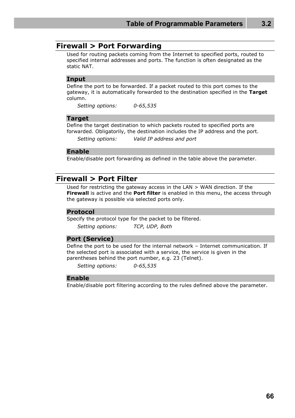 Table of programmable parameters 3.2, 66 firewall > port forwarding, Firewall > port filter | 2N Wireless 3G router 2N EasyRoute_new design - User manual, 1670 v1.06 User Manual | Page 66 / 101