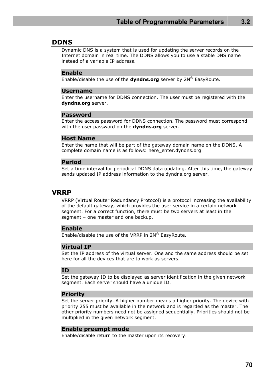 Table of programmable parameters 3.2, 70 ddns, Vrrp | 2N Wireless 3G router 2N EasyRoute_new design - User manual, 1670 v1.06 User Manual | Page 70 / 101