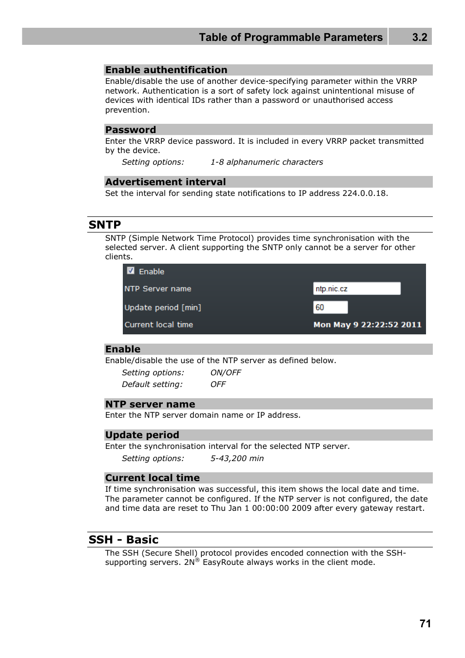 Table of programmable parameters 3.2, Sntp, Ssh - basic | 2N Wireless 3G router 2N EasyRoute_new design - User manual, 1670 v1.06 User Manual | Page 71 / 101