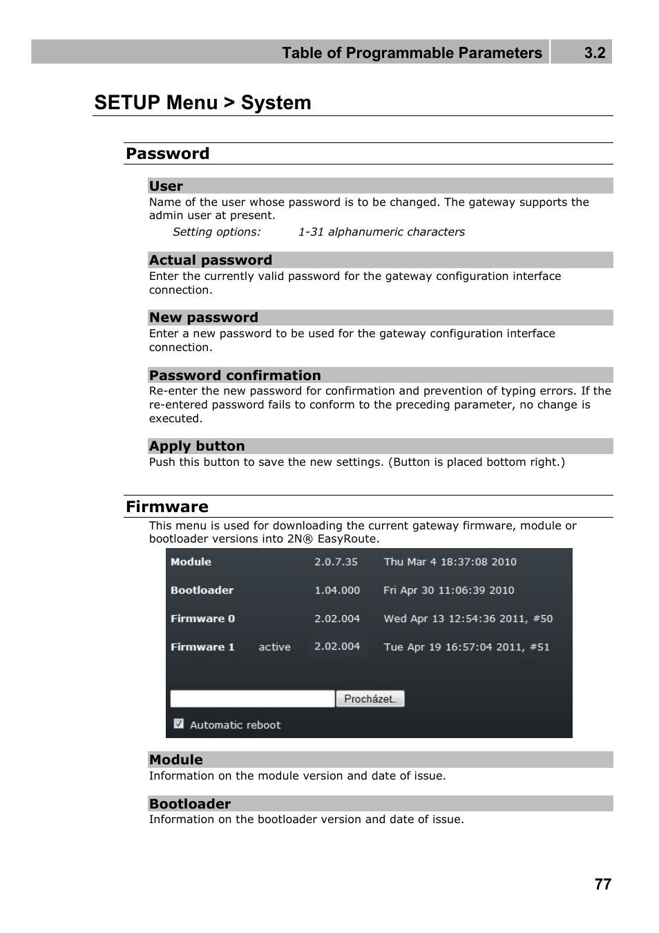 Setup menu > system, Table of programmable parameters 3.2, Password | Firmware | 2N Wireless 3G router 2N EasyRoute_new design - User manual, 1670 v1.06 User Manual | Page 77 / 101