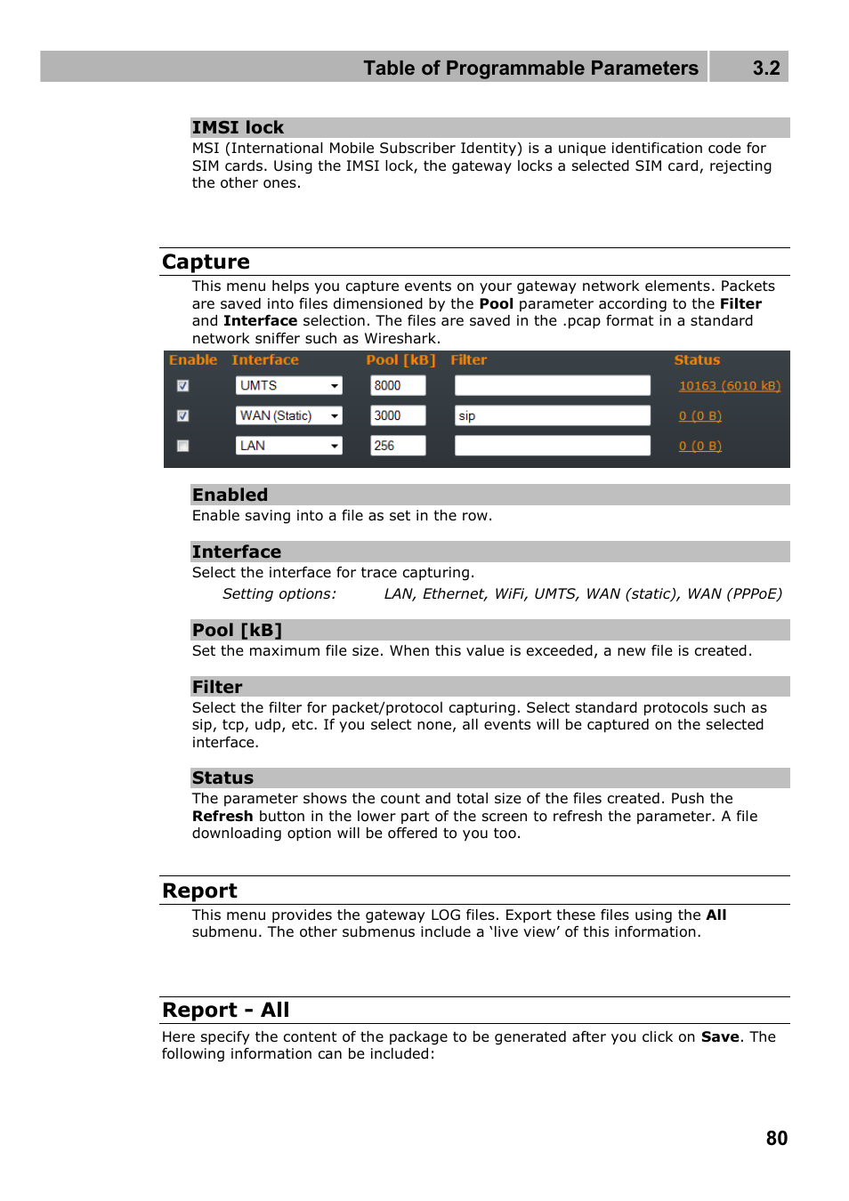 Table of programmable parameters 3.2, Capture, Report | Report - all | 2N Wireless 3G router 2N EasyRoute_new design - User manual, 1670 v1.06 User Manual | Page 80 / 101