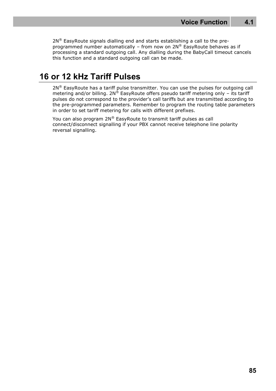 16 or 12 khz tariff pulses, Voice function 4.1 | 2N Wireless 3G router 2N EasyRoute_new design - User manual, 1670 v1.06 User Manual | Page 85 / 101