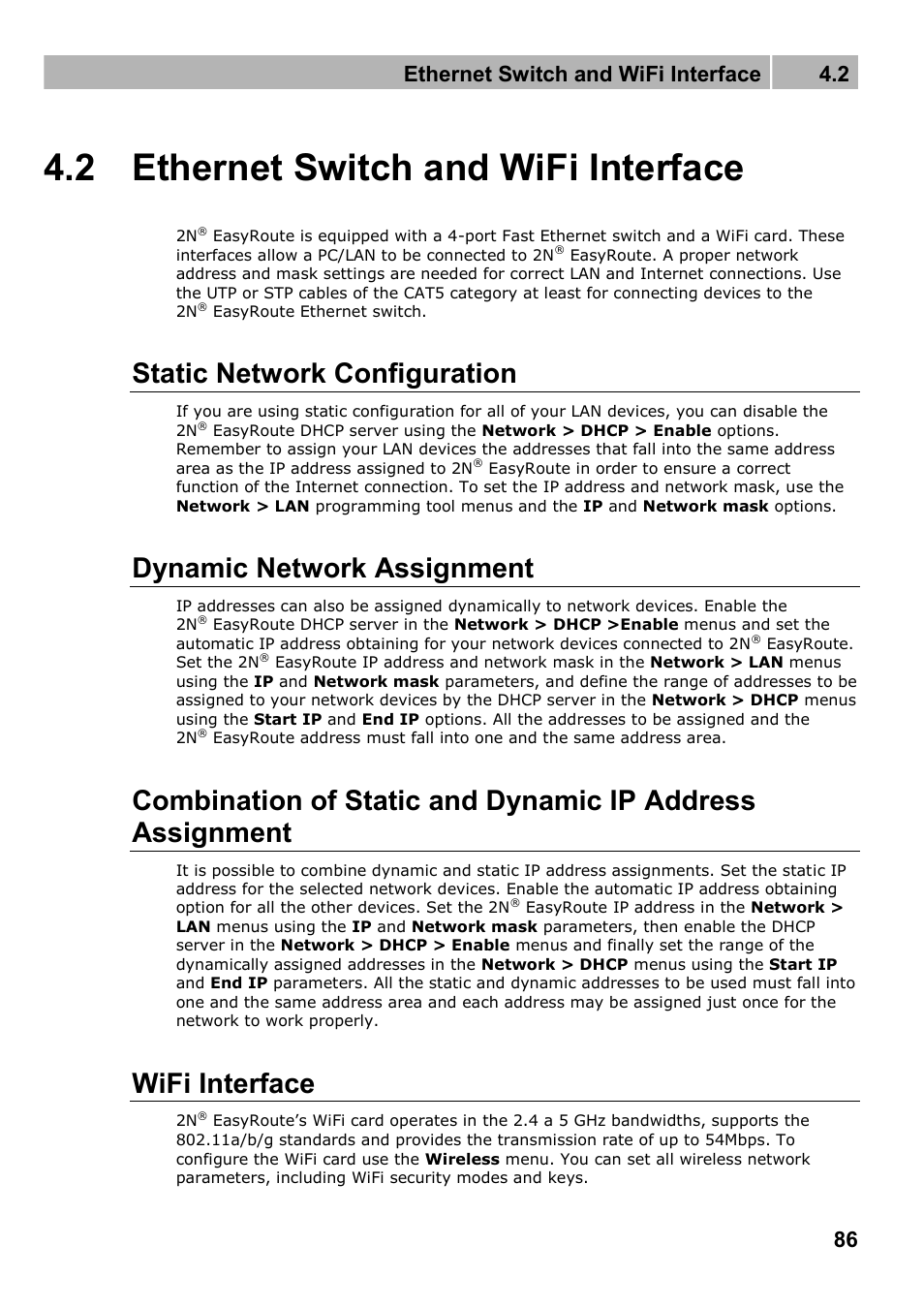 Ethernet switch and wifi interface, Static network configuration, Dynamic network assignment | Wifi interface, 2 ethernet switch and wifi interface, Ethernet switch and wifi interface 4.2 | 2N Wireless 3G router 2N EasyRoute_new design - User manual, 1670 v1.06 User Manual | Page 86 / 101