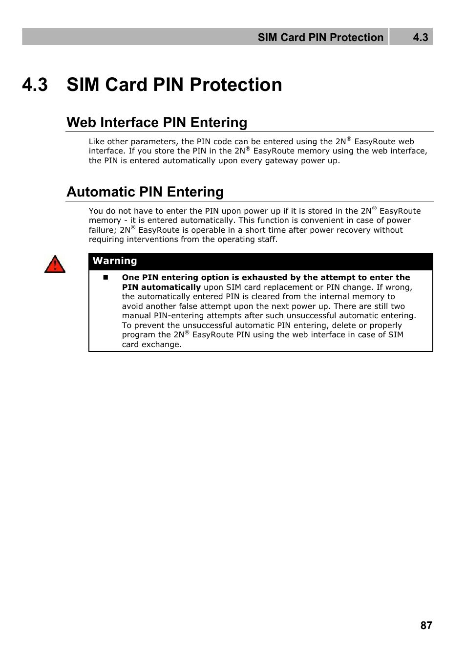 Sim card pin protection, Web interface pin entering, Automatic pin entering | 3 sim card pin protection, Sim card pin protection 4.3 | 2N Wireless 3G router 2N EasyRoute_new design - User manual, 1670 v1.06 User Manual | Page 87 / 101