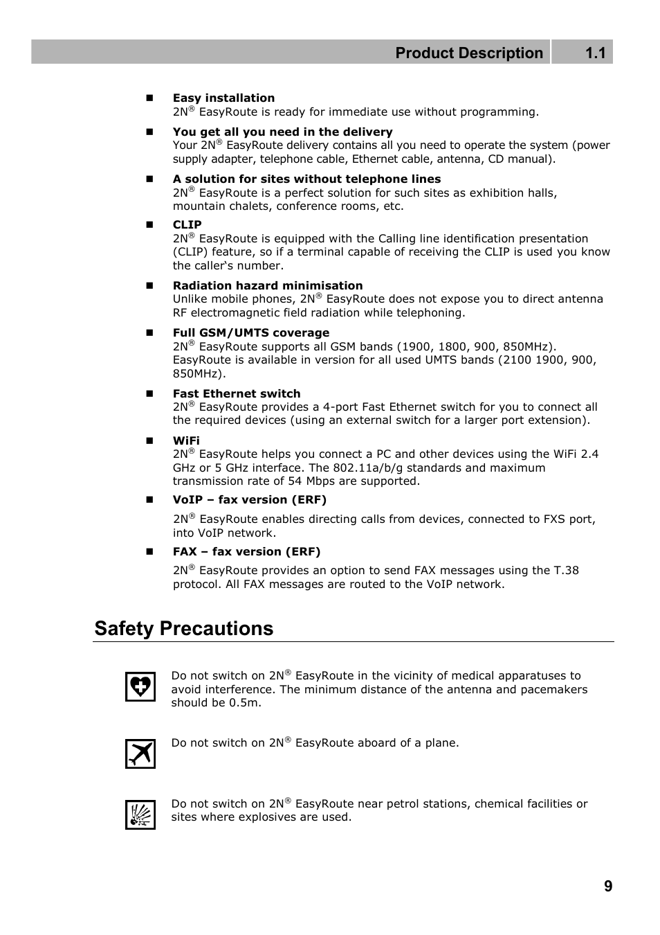 Safety precautions, Product description 1.1 | 2N Wireless 3G router 2N EasyRoute_new design - User manual, 1670 v1.06 User Manual | Page 9 / 101