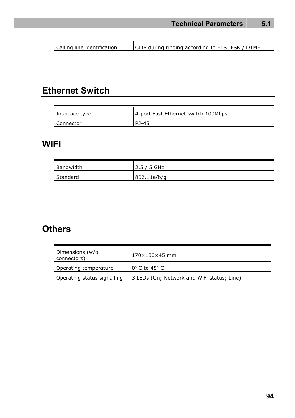 Ethernet switch, Wifi, Others | Technical parameters 5.1 | 2N Wireless 3G router 2N EasyRoute_new design - User manual, 1670 v1.06 User Manual | Page 94 / 101