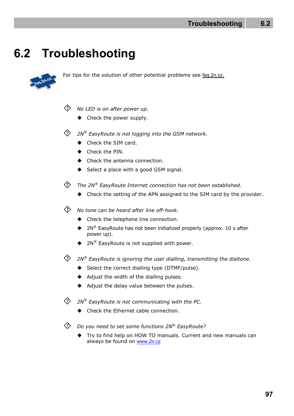 Troubleshooting, 2 troubleshooting, Troubleshooting 6.2 | 2N Wireless 3G router 2N EasyRoute_new design - User manual, 1670 v1.06 User Manual | Page 97 / 101