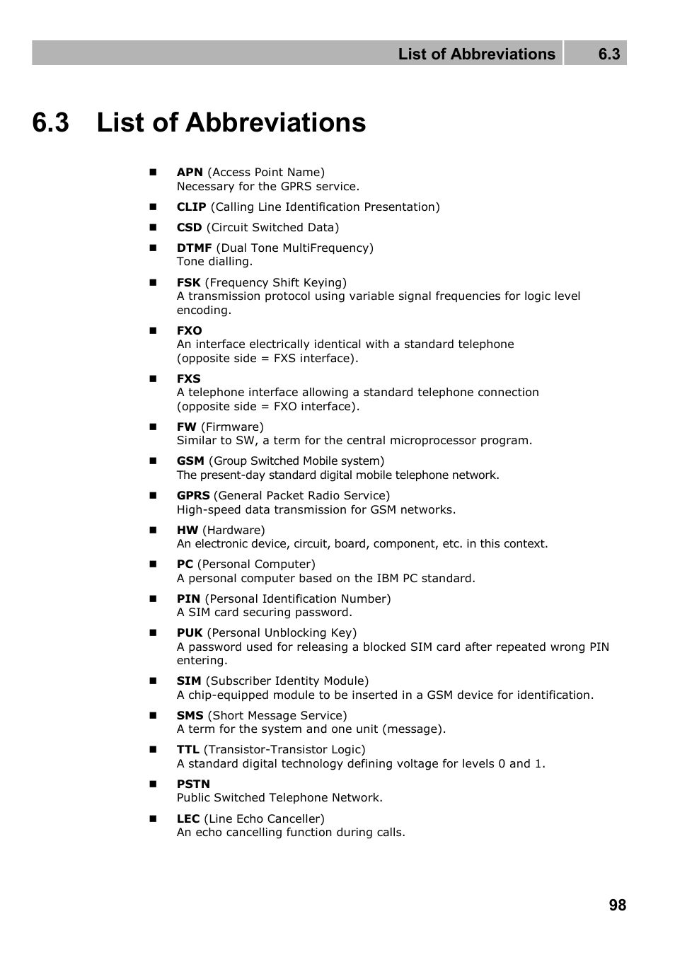 List of abbreviations, 3 list of abbreviations, List of abbreviations 6.3 | 2N Wireless 3G router 2N EasyRoute_new design - User manual, 1670 v1.06 User Manual | Page 98 / 101