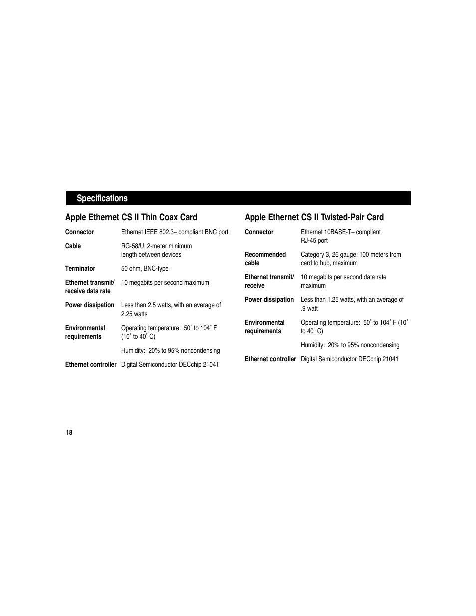 Apple ethernet cs ii thin coax card, Apple ethernet cs ii twisted-pair card, Specifications | Apple Ethernet CS II Card User Manual | Page 18 / 25