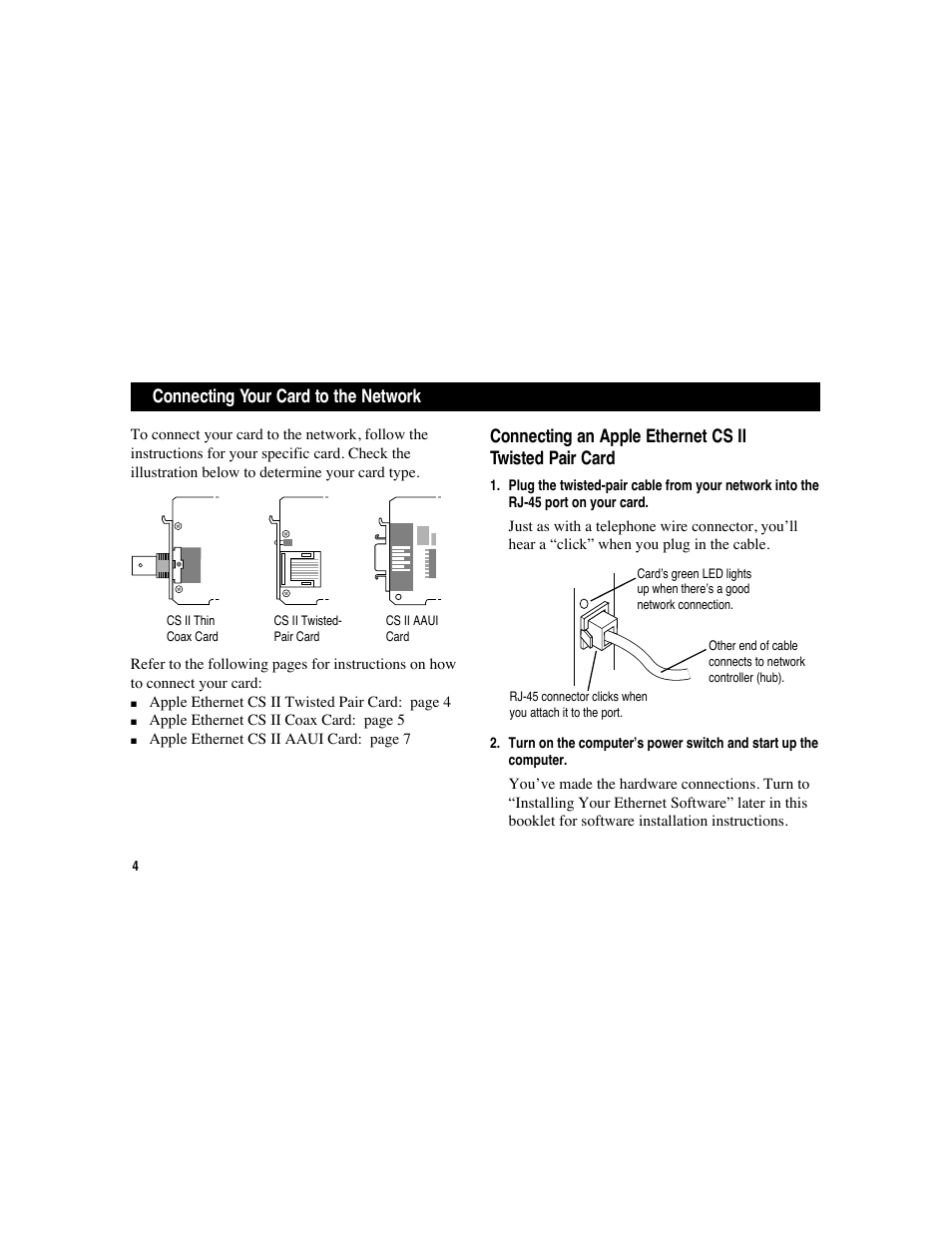 Connecting your card to the network | Apple Ethernet CS II Card User Manual | Page 4 / 25