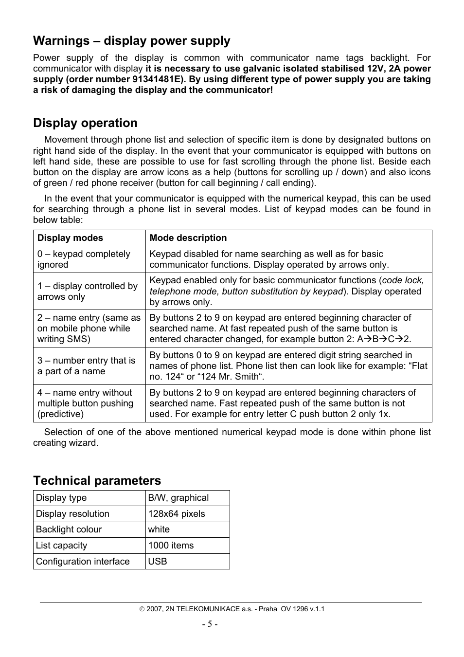 Warnings – display power supply, Display operation, Technical parameters | 2N Home intercom 2N Helios - Manual - display installation User Manual | Page 5 / 5
