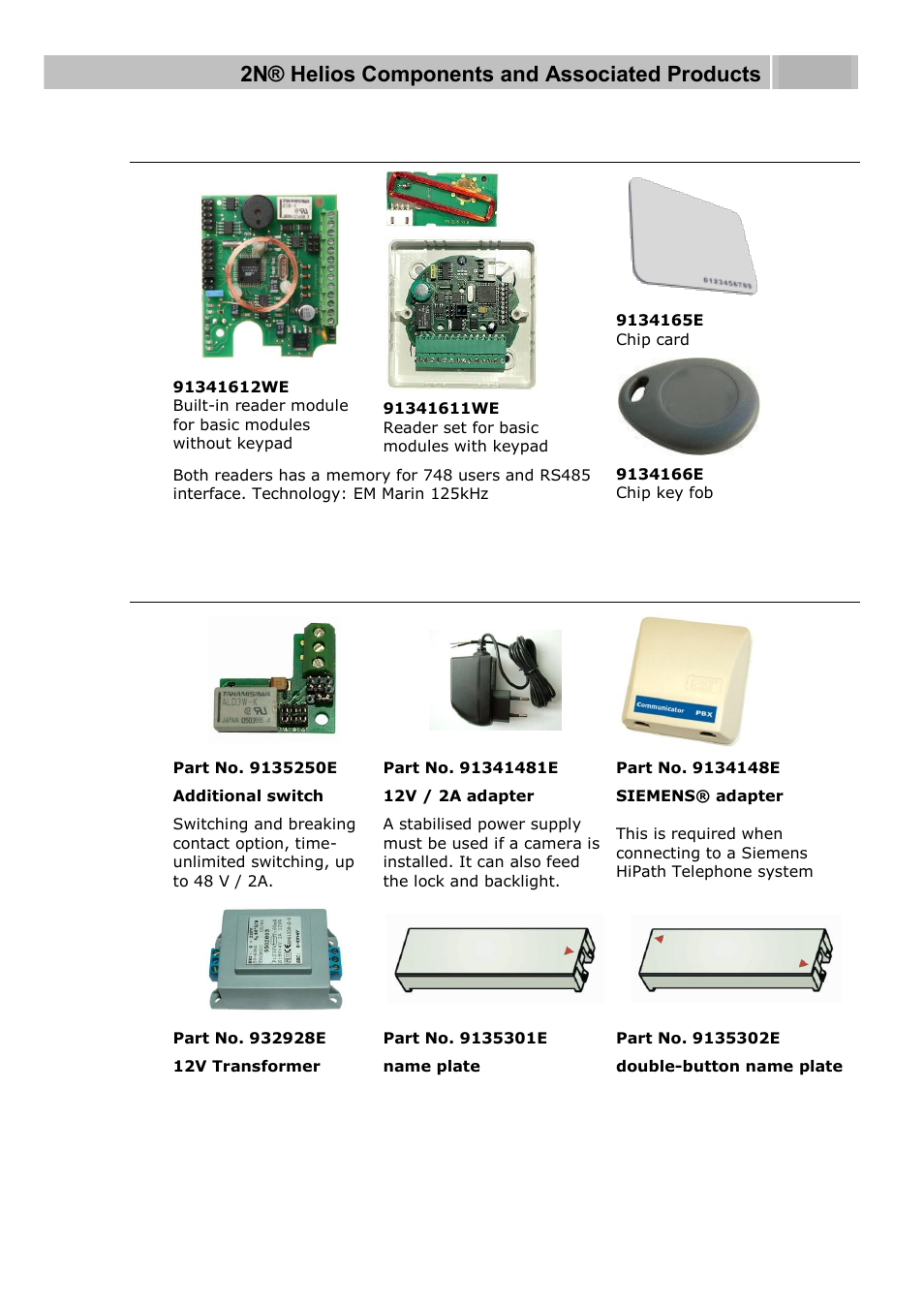 Card readers, Other accessories, 2n® helios components and associated products 1.3 | 2N Door intercom 2N Helios - Manual, 1322 v3.0 User Manual | Page 15 / 76