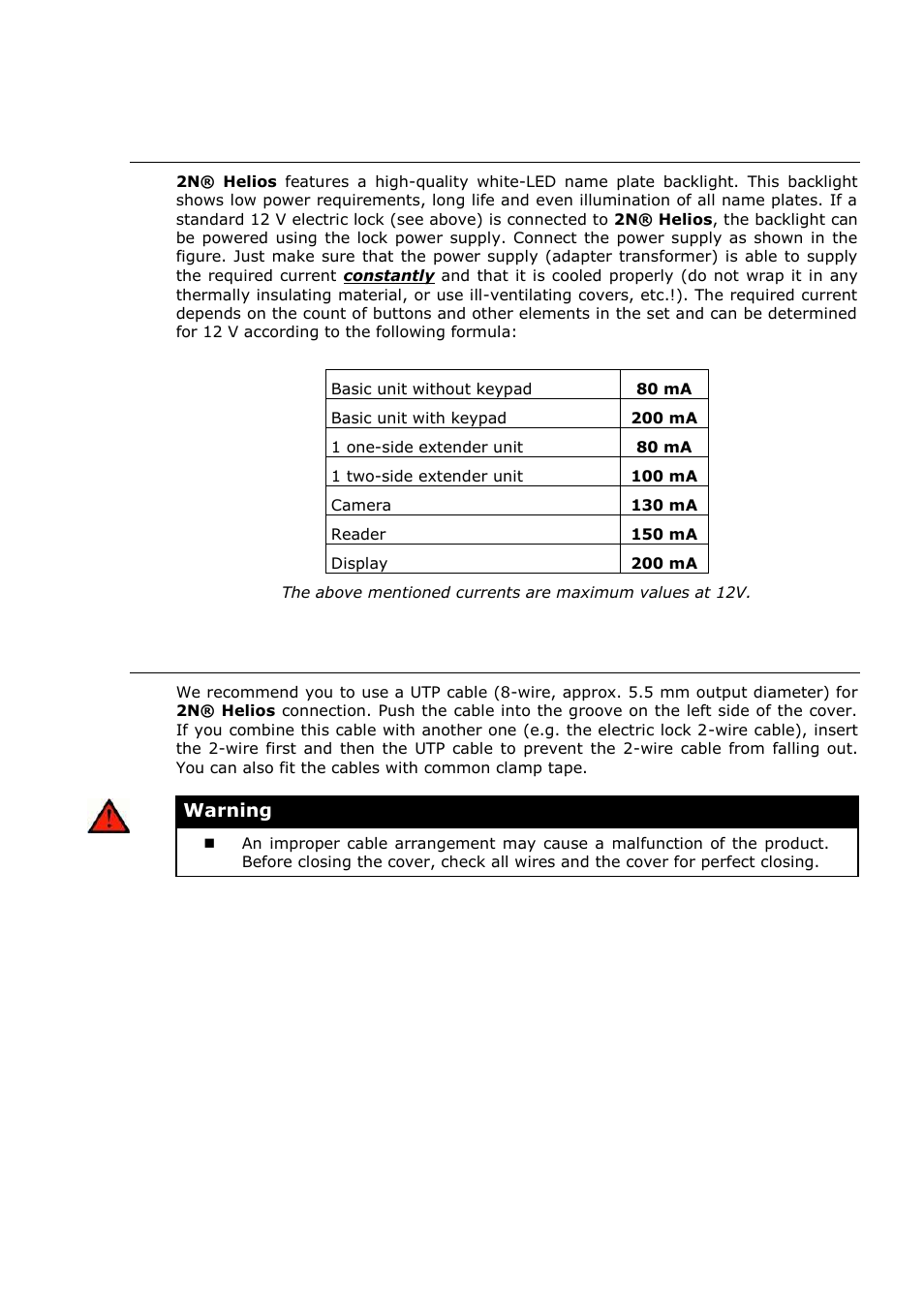 Typical backlight power supply, Cable arrangement inside the cover | 2N Door intercom 2N Helios - Manual, 1322 v3.0 User Manual | Page 30 / 76