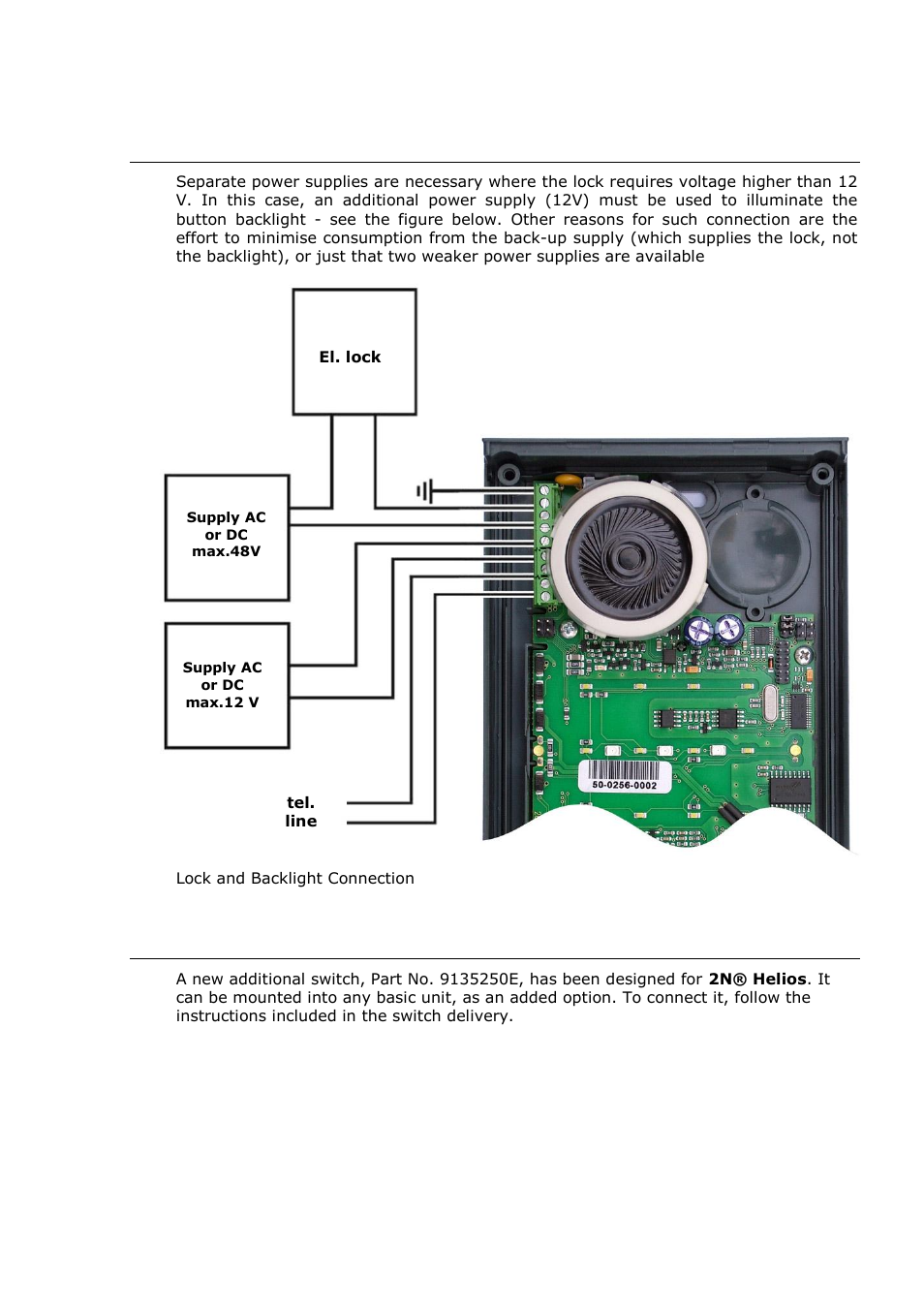 Separate backlight and electric lock supply, Connection of switch 2 | 2N Door intercom 2N Helios - Manual, 1322 v3.0 User Manual | Page 32 / 76
