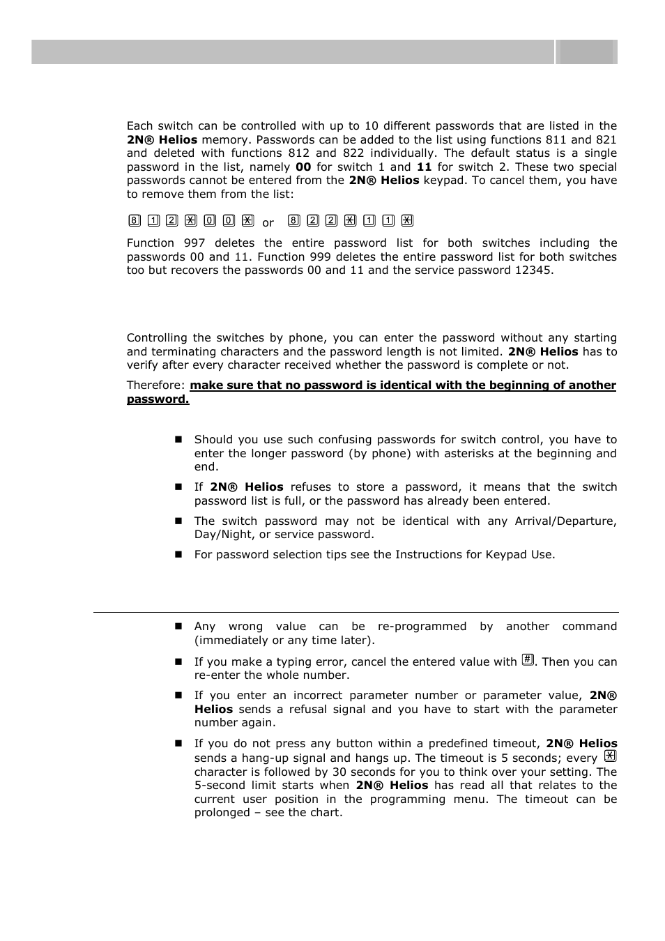 Programming error, Switch password programming, Password selection restrictions | Programming 3.1 | 2N Door intercom 2N Helios - Manual, 1322 v3.0 User Manual | Page 43 / 76