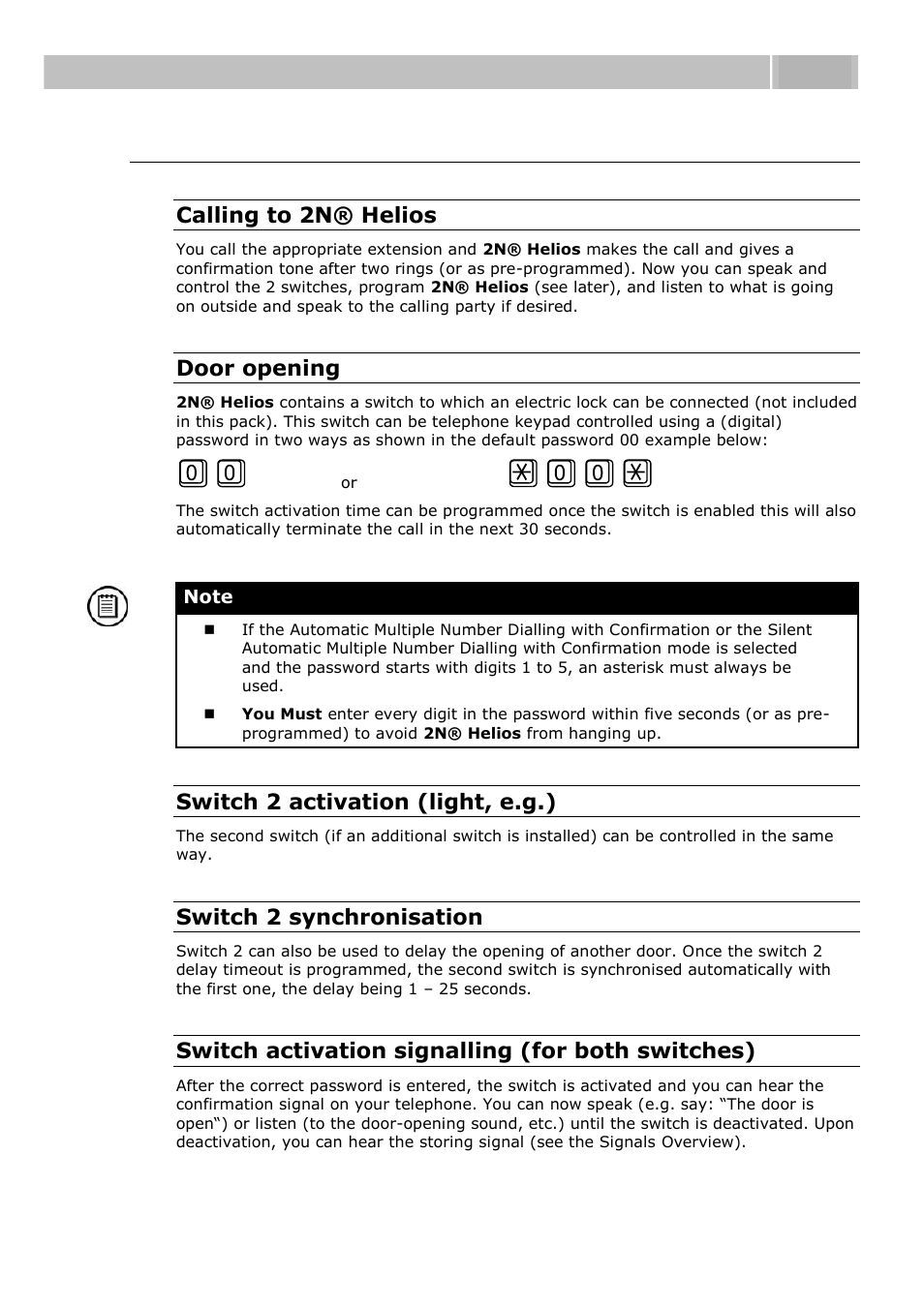 From internal user's view (survey of functions), Function description 4.1, Calling to 2n® helios | Door opening, Switch 2 activation (light, e.g.), Switch 2 synchronisation, Switch activation signalling (for both switches) | 2N Door intercom 2N Helios - Manual, 1322 v3.0 User Manual | Page 53 / 76