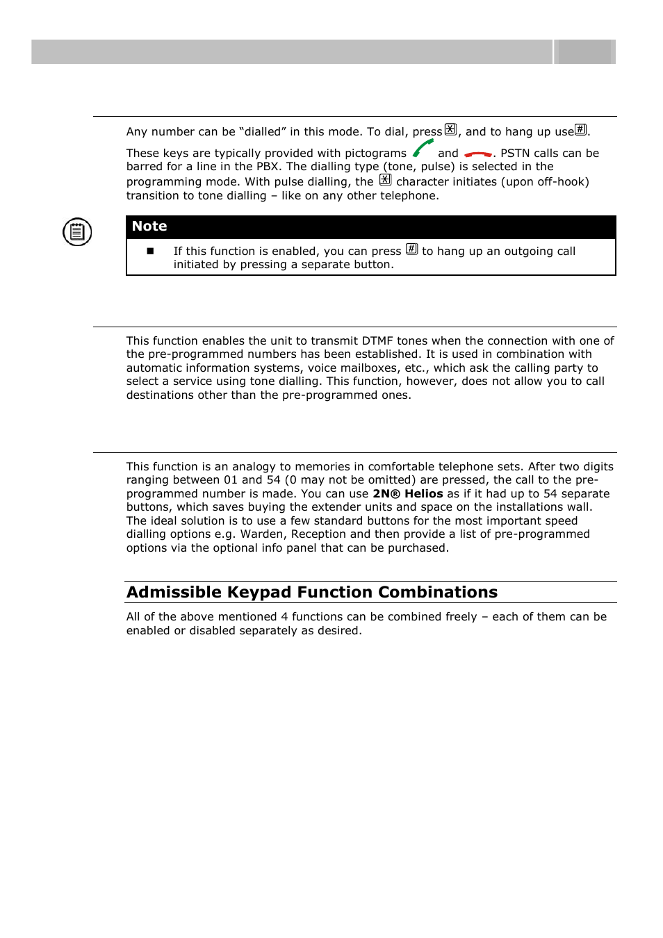 Traditional button telephone, Dtmf transmission during outgoing call, Buttons substitution | Function description 4.1, Admissible keypad function combinations | 2N Door intercom 2N Helios - Manual, 1322 v3.0 User Manual | Page 56 / 76