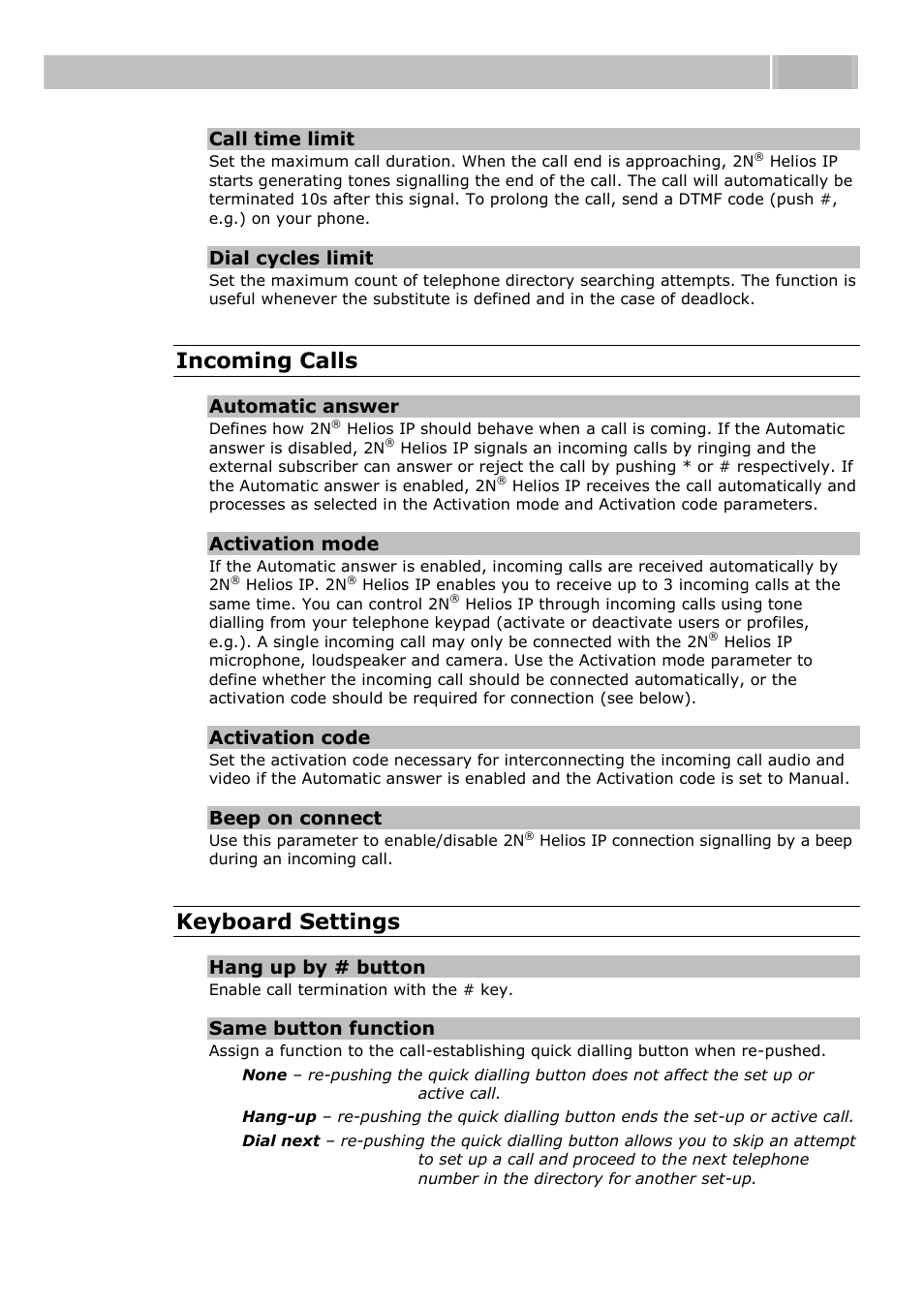 Configuration 3.3, Incoming calls, Keyboard settings | Call time limit, Dial cycles limit, Automatic answer, Activation mode, Activation code, Beep on connect, Hang up by # button | 2N Helios IP User manual, 1510 v1.13 User Manual | Page 101 / 143