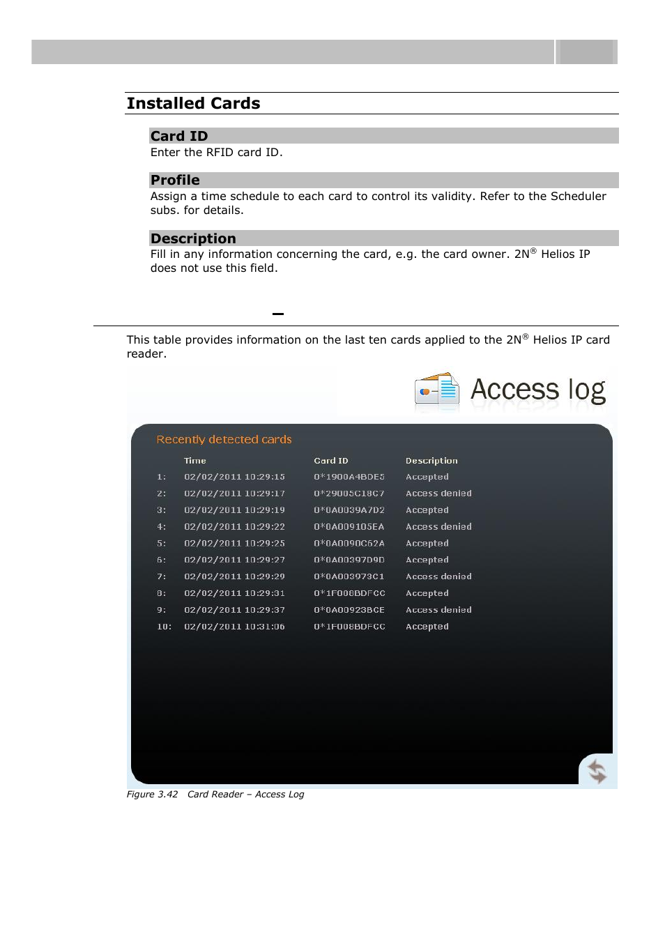 Rfid card reader, Access log, Rfid card reader – access log | Configuration 3.3, Installed cards | 2N Helios IP User manual, 1510 v1.13 User Manual | Page 107 / 143