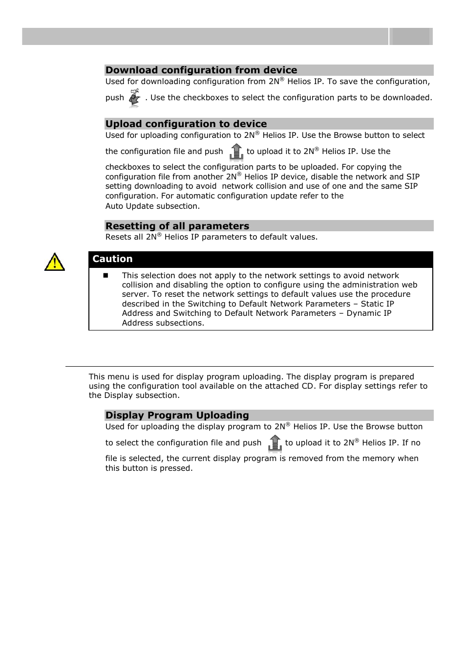 Display program, Configuration 3.3, Download configuration from device | Upload configuration to device, Resetting of all parameters, Caution, Display program uploading | 2N Helios IP User manual, 1510 v1.13 User Manual | Page 110 / 143