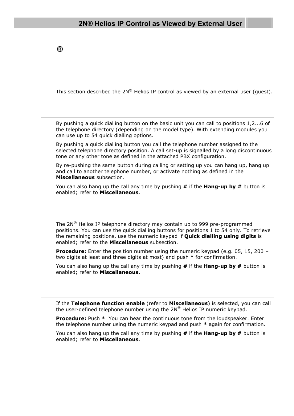 Helios ip control as viewed by external user, Quick dialling buttons, Calling to telephone directory position | Calling to user-defined telephone number, 1 2n | 2N Helios IP User manual, 1510 v1.13 User Manual | Page 120 / 143