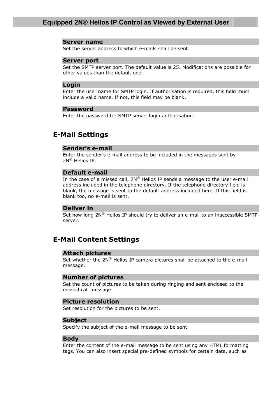 E-mail settings, E-mail content settings | 2N Helios IP User manual, 1510 v1.13 User Manual | Page 124 / 143