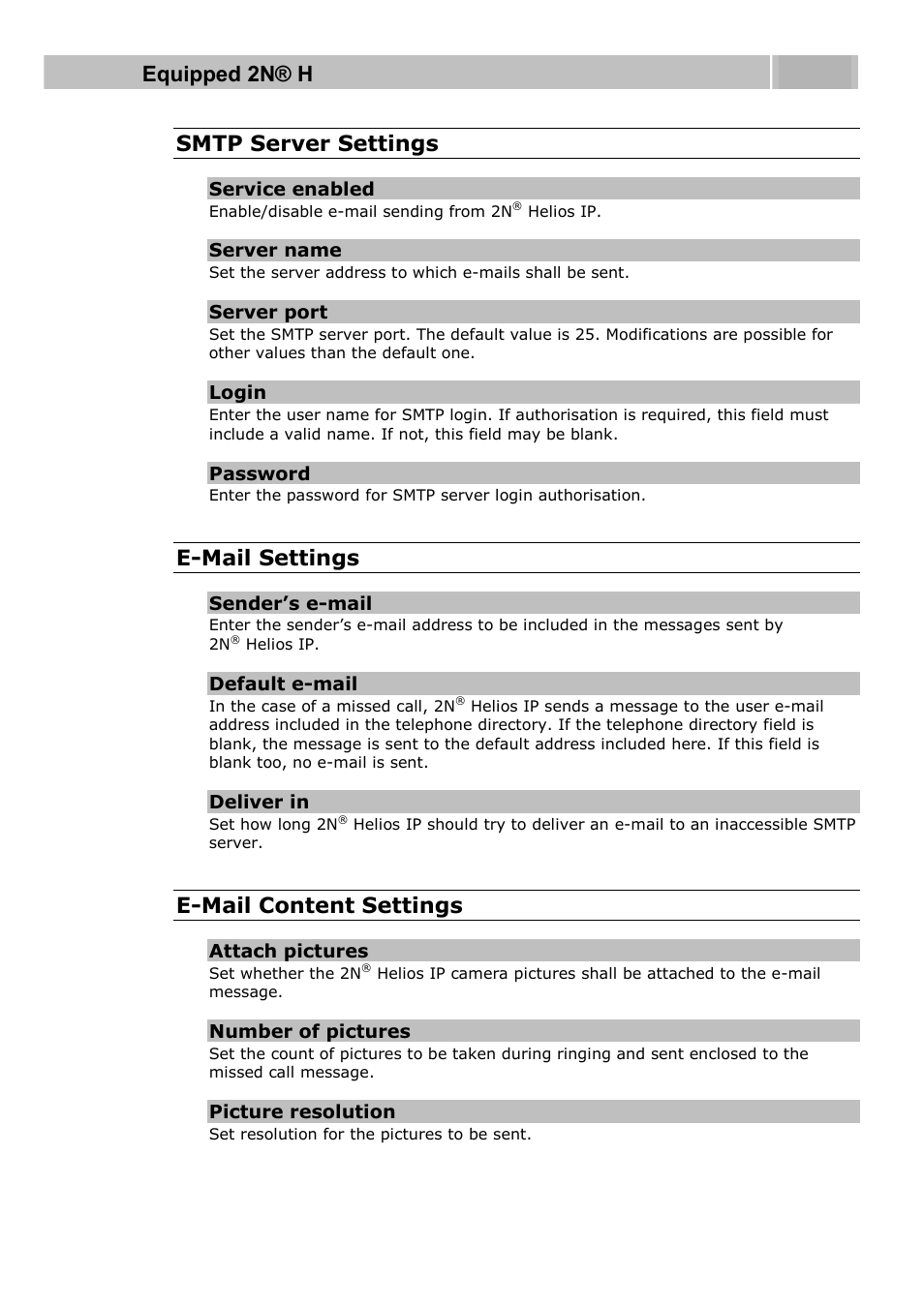Smtp server settings, E-mail settings, E-mail content settings | 2N Helios IP User manual, 1510 v1.13 User Manual | Page 126 / 143