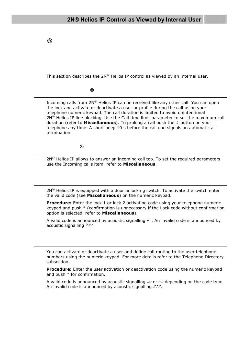 Helios ip control as viewed by internal user, Receiving of 2n, Helios ip calls | Calling to 2n, Helios ip, Code door opening (switch activation), User activation and deactivation, 3 2n | 2N Helios IP User manual, 1510 v1.13 User Manual | Page 129 / 143