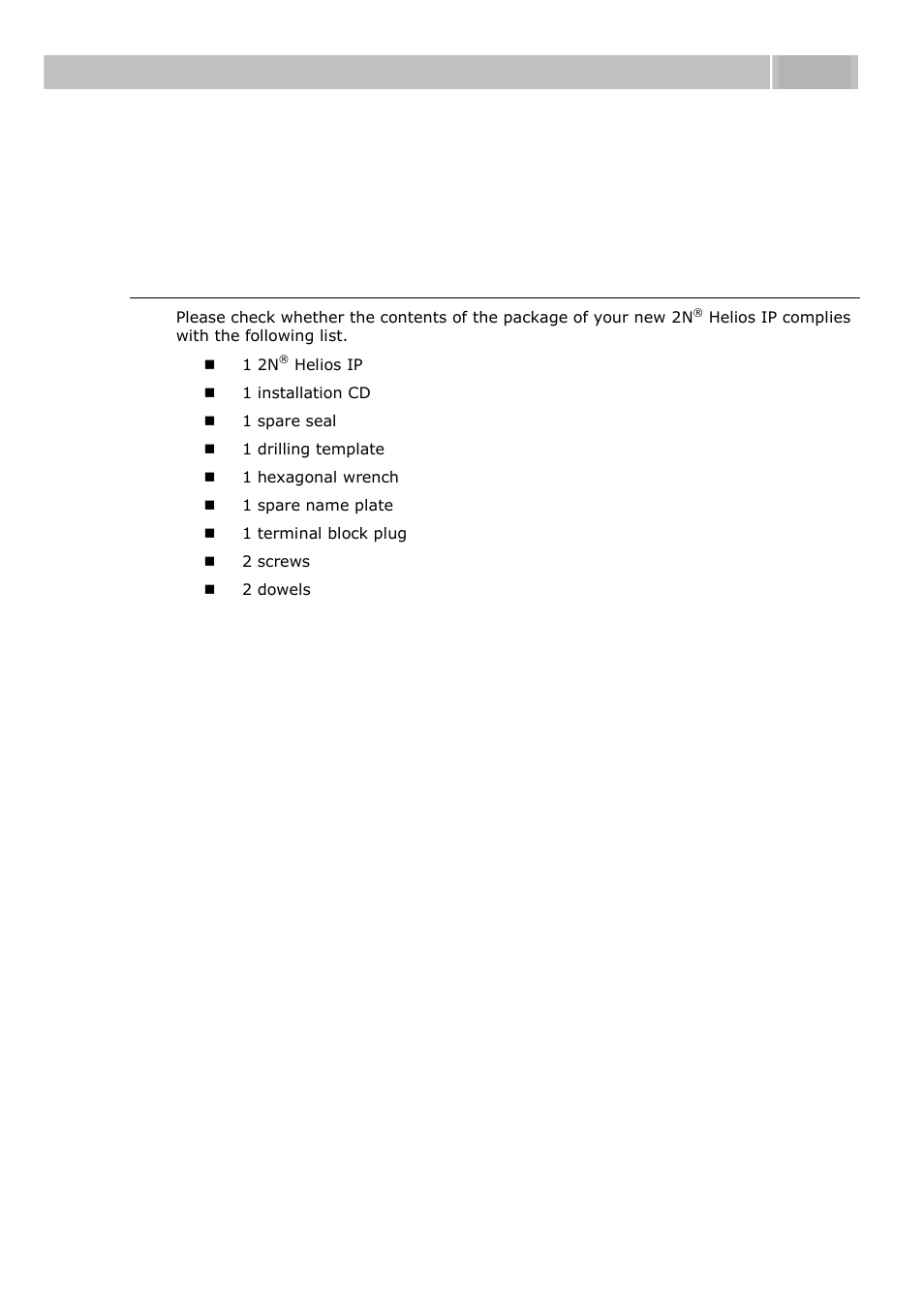 Before you start, Product completeness check, 1 before you start | Before you start 2.1 | 2N Helios IP User manual, 1510 v1.13 User Manual | Page 20 / 143