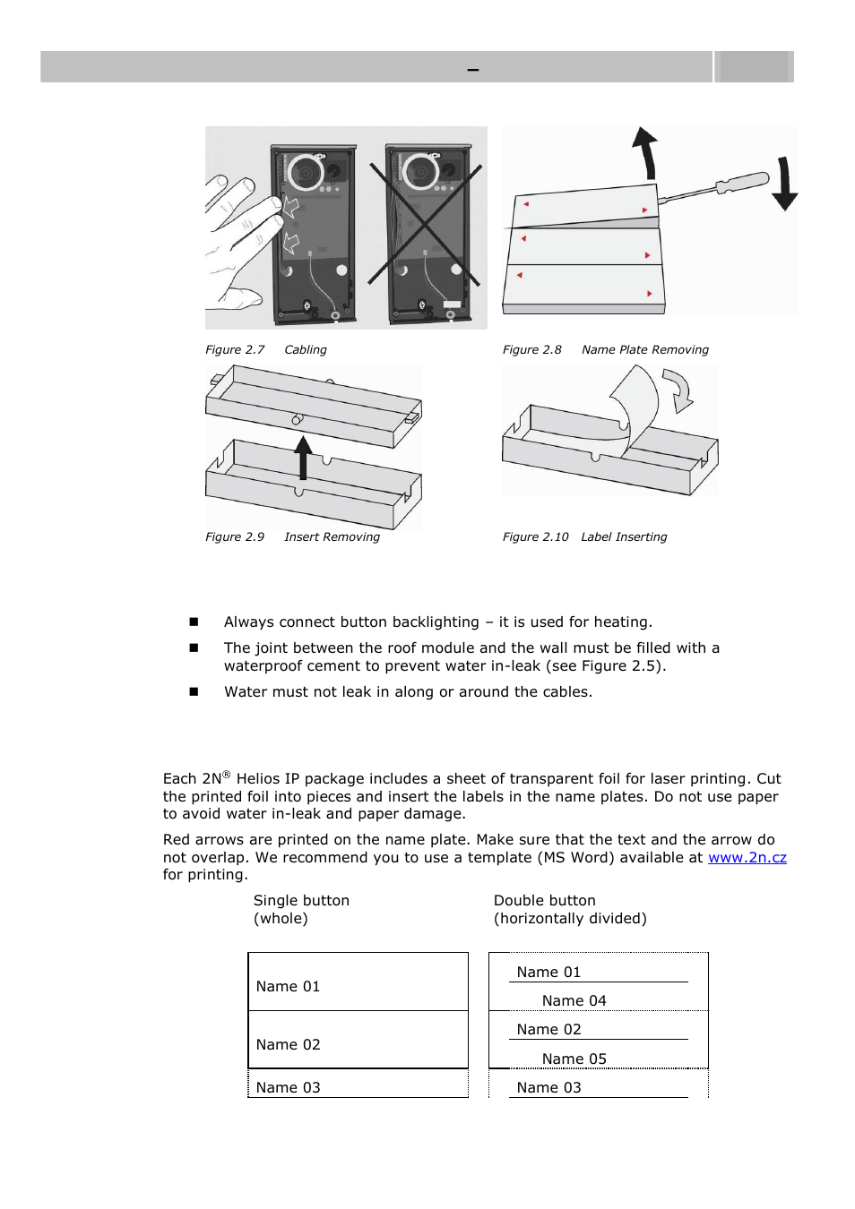 Outdoor installation rules, Name tag material and printing, Mounting – mechanical installation 2.2 | 2N Helios IP User manual, 1510 v1.13 User Manual | Page 25 / 143