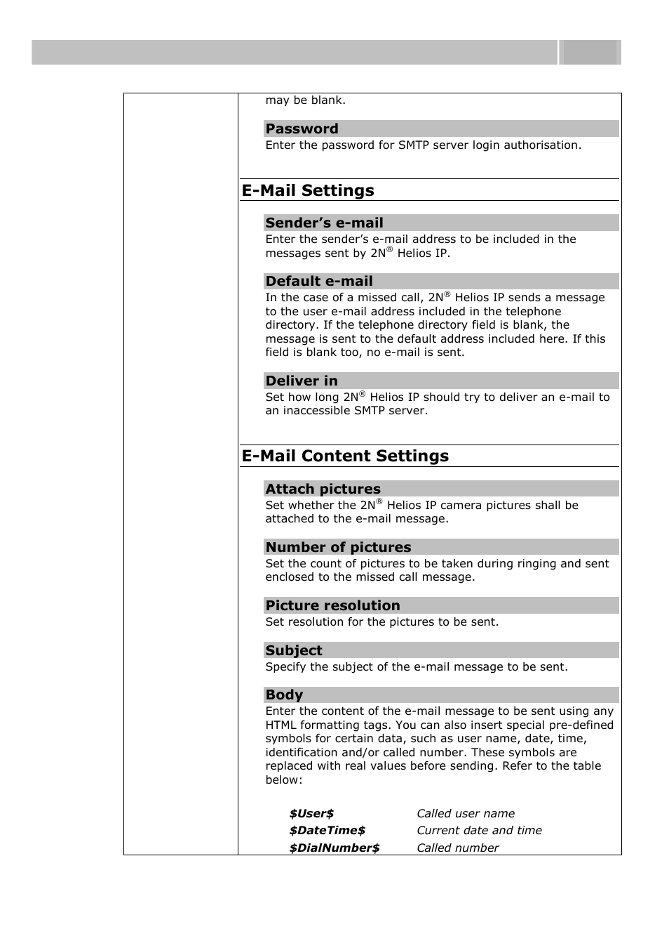 Acoustic signalling and keypad configuration 3.1, E-mail settings, E-mail content settings | 2N Helios IP User manual, 1510 v1.13 User Manual | Page 46 / 143