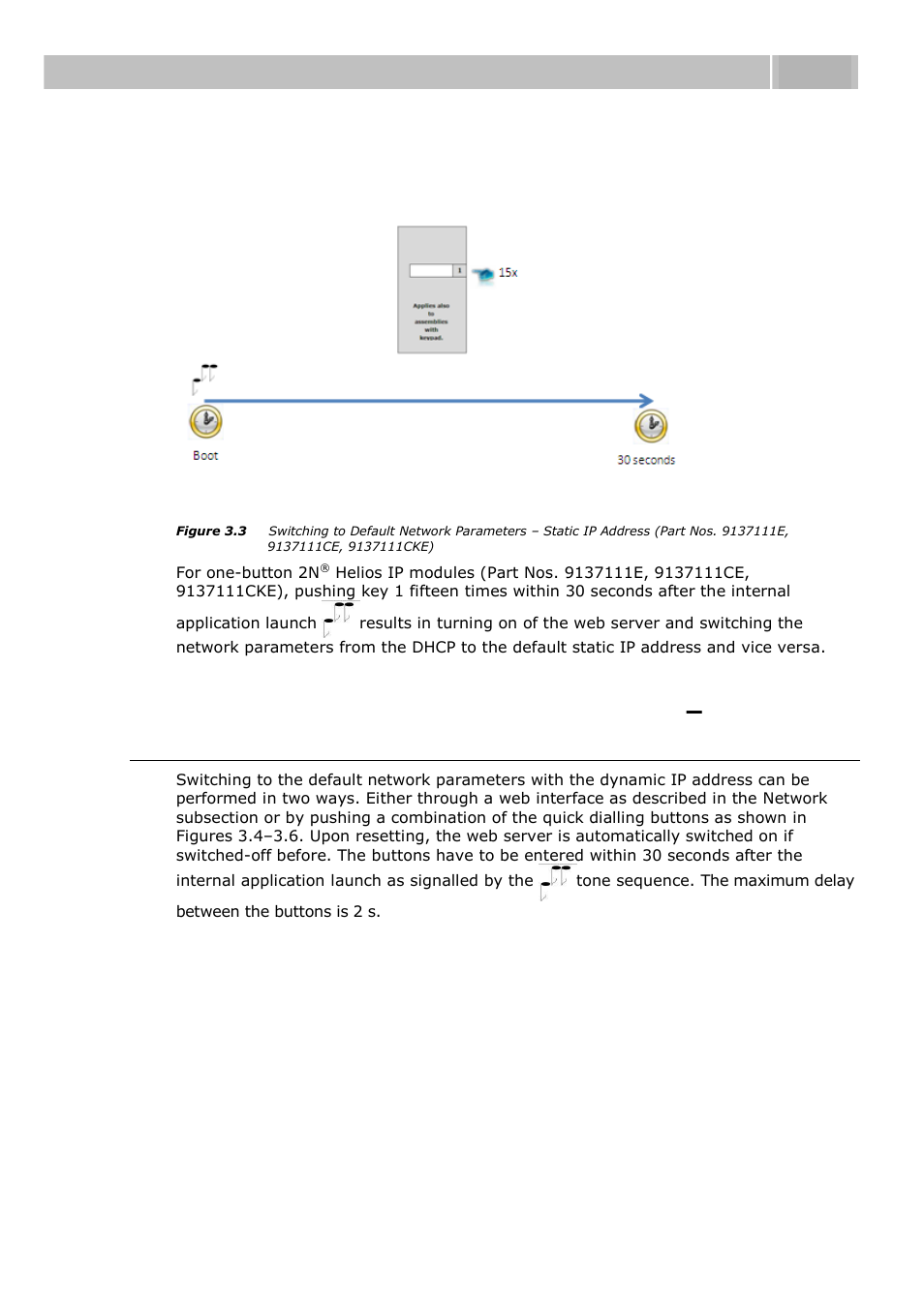 Switching to default network parameters, Dynamic ip address, Acoustic signalling and keypad configuration 3.1 | 2N Helios IP User manual, 1510 v1.13 User Manual | Page 49 / 143