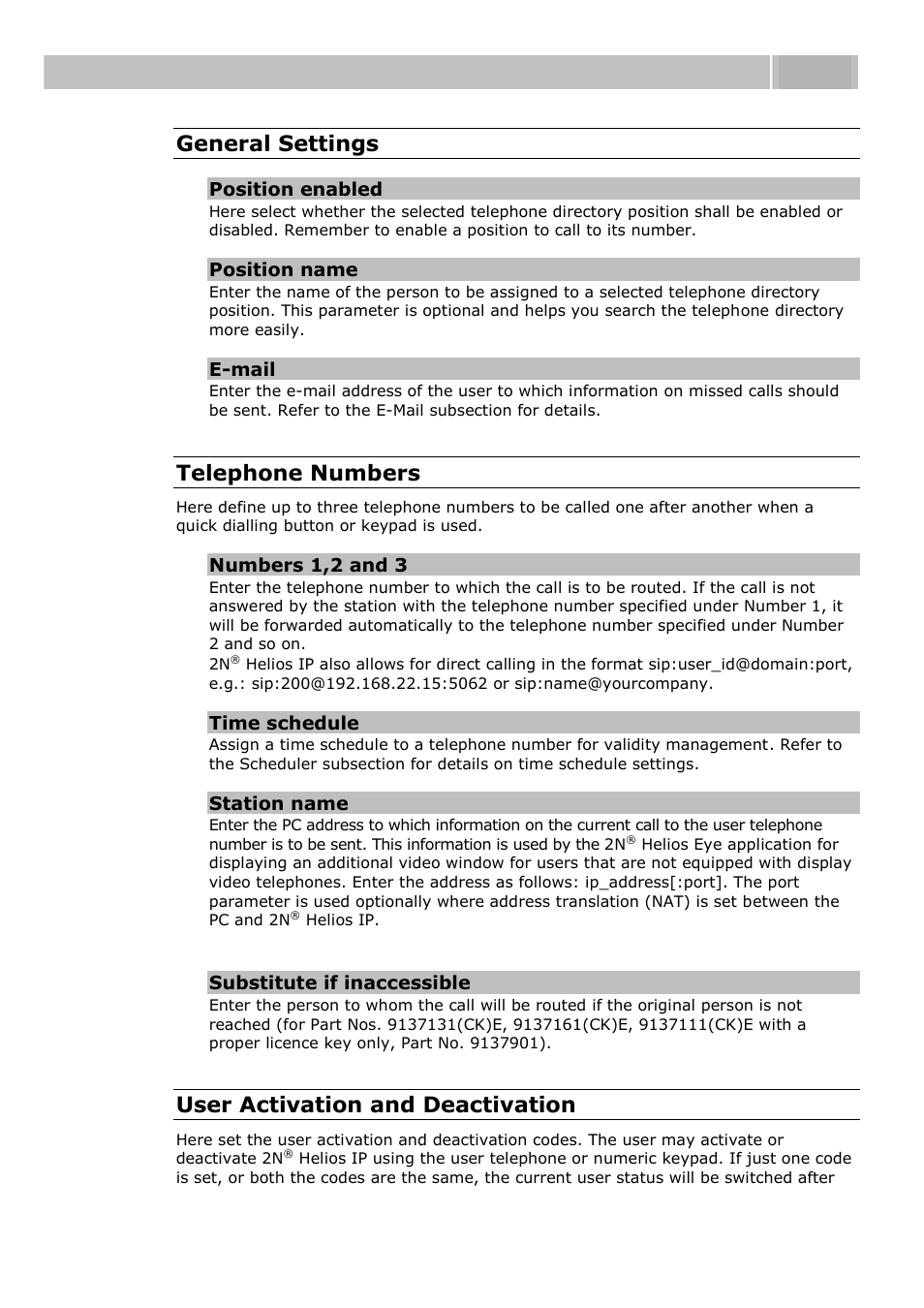 Configuration 3.3, General settings, Telephone numbers | User activation and deactivation | 2N Helios IP User manual, 1510 v1.13 User Manual | Page 66 / 143