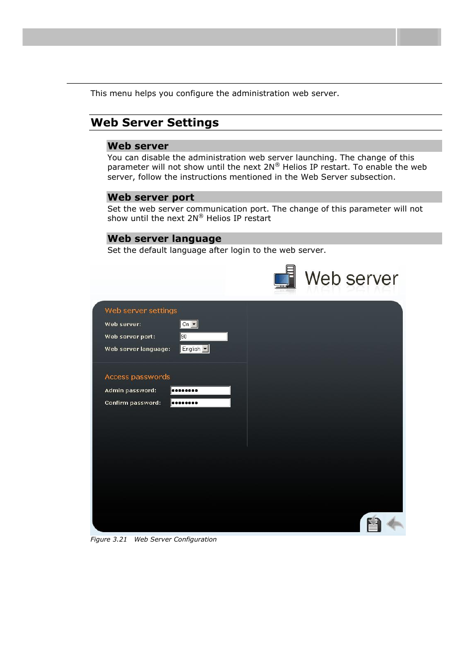 Administration web server, Configuration 3.3, Web server settings | 2N Helios IP User manual, 1510 v1.13 User Manual | Page 78 / 143