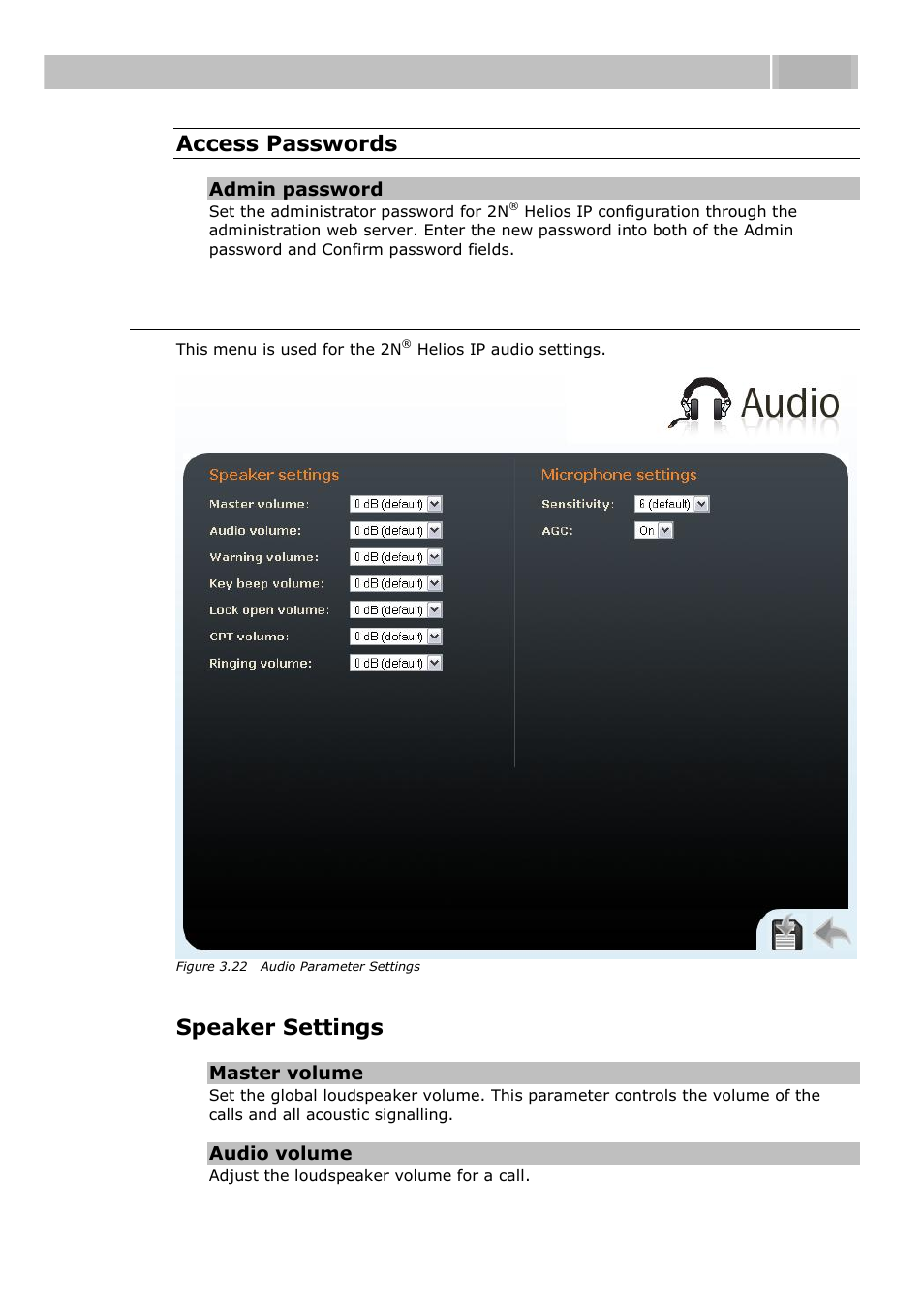 Audio, Configuration 3.3, Access passwords | Speaker settings | 2N Helios IP User manual, 1510 v1.13 User Manual | Page 79 / 143