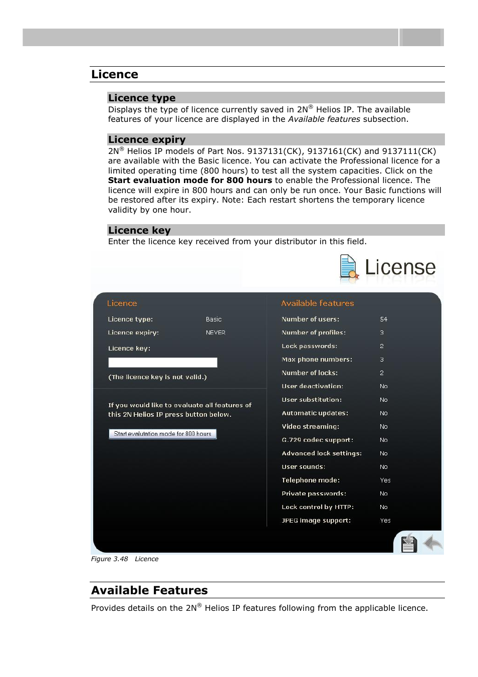 Configuration 3.3, Licence, Available features | 2N Helios IP User manual, 1510 v1.12 User Manual | Page 105 / 127