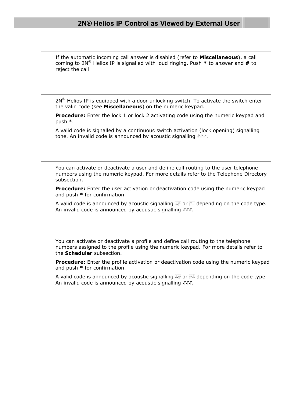 Incoming call answer and reject, Code door opening (switch activation), User activation and deactivation | Profile activation and deactivation | 2N Helios IP User manual, 1510 v1.12 User Manual | Page 109 / 127