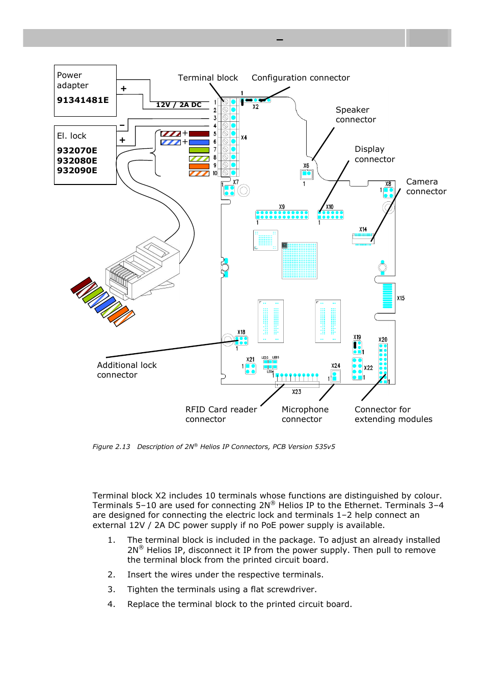 Terminal block x2 connection, Mounting – electrical installation 2.3 | 2N Helios IP User manual, 1510 v1.12 User Manual | Page 30 / 127