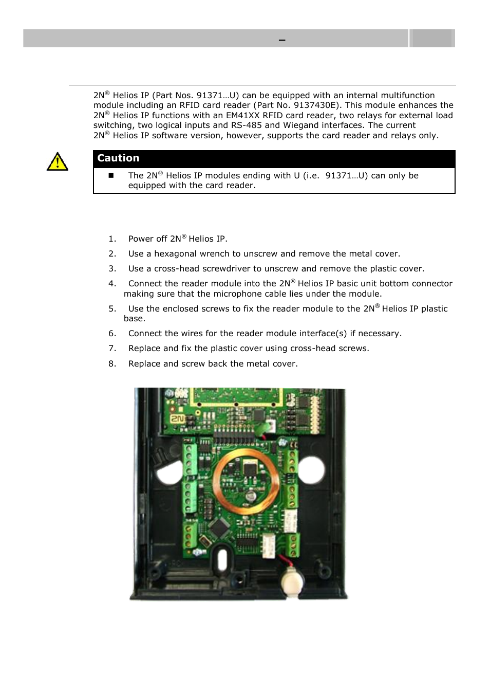 Card reader connection, Card reader mounting, Mounting – electrical installation 2.3 | Caution | 2N Helios IP User manual, 1510 v1.12 User Manual | Page 35 / 127