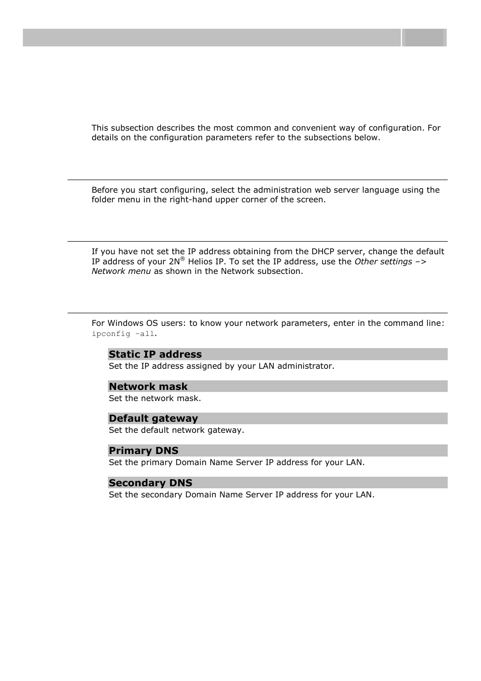 Quick configuration for calling, Language selection, Network settings | Static parameter setting, 2 quick configuration for calling | 2N Helios IP User manual, 1510 v1.12 User Manual | Page 50 / 127