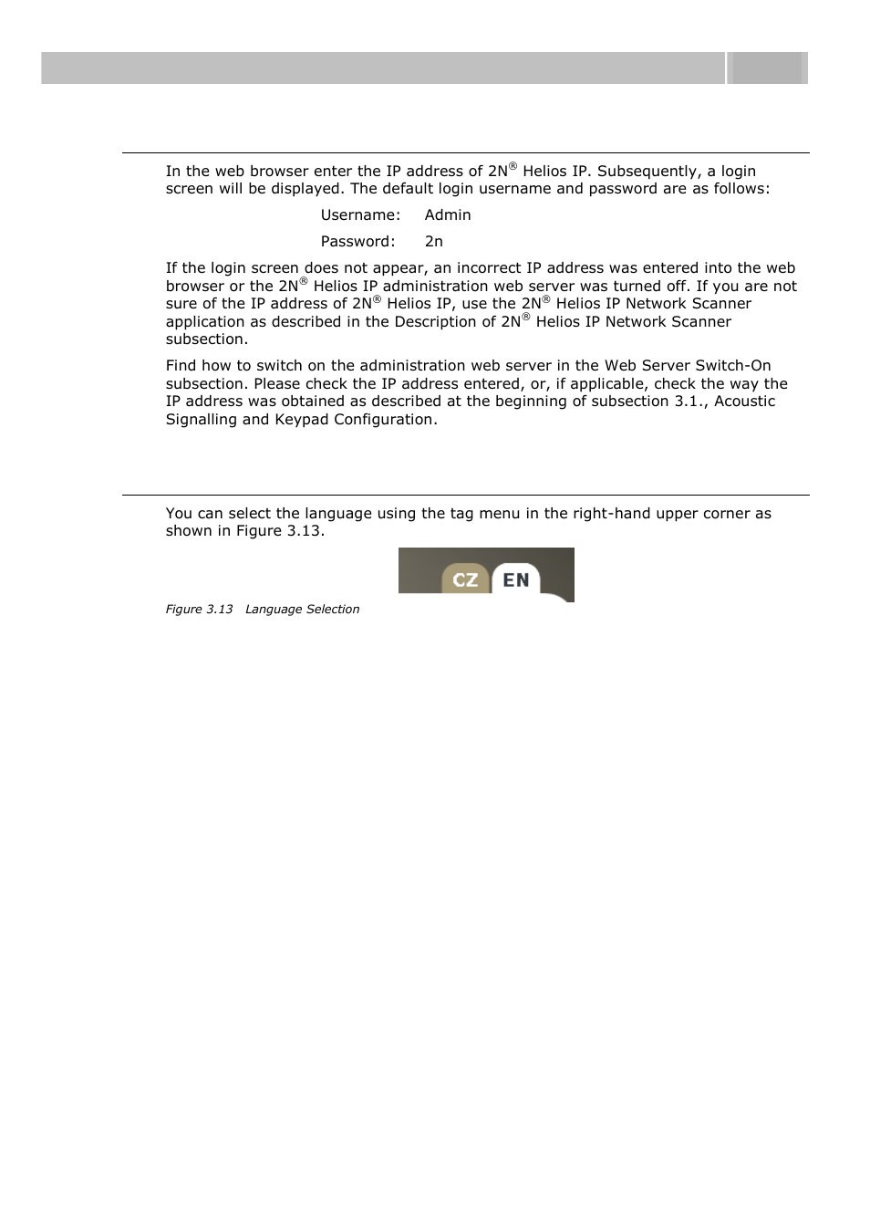 Login, Language selection, Configuration 3.3 | 2N Helios IP User manual, 1510 v1.12 User Manual | Page 56 / 127
