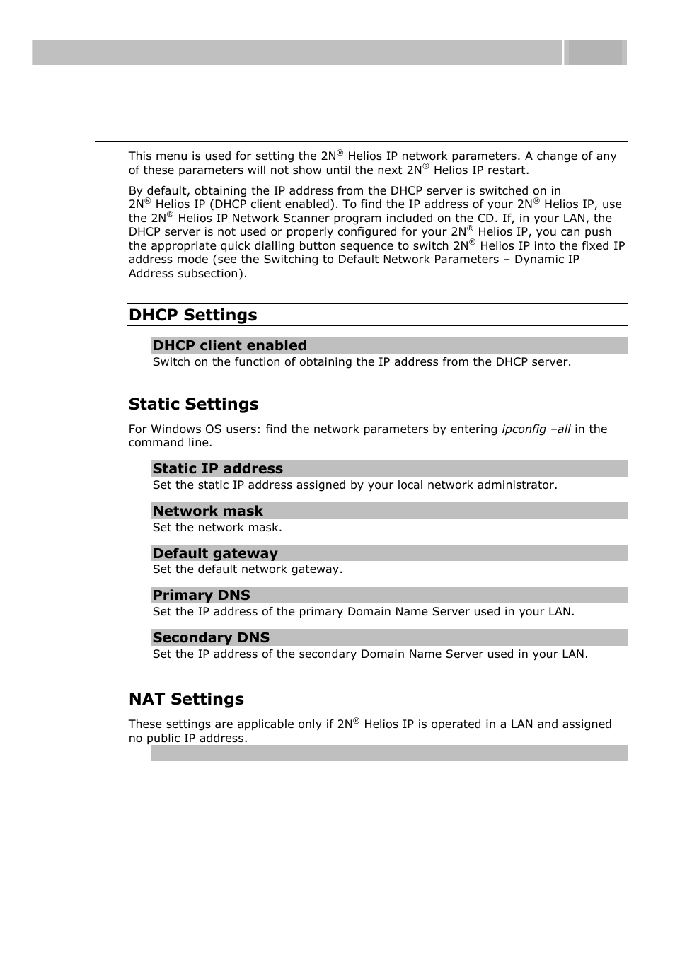 Network, Configuration 3.3, Dhcp settings | Static settings, Nat settings | 2N Helios IP User manual, 1510 v1.12 User Manual | Page 67 / 127