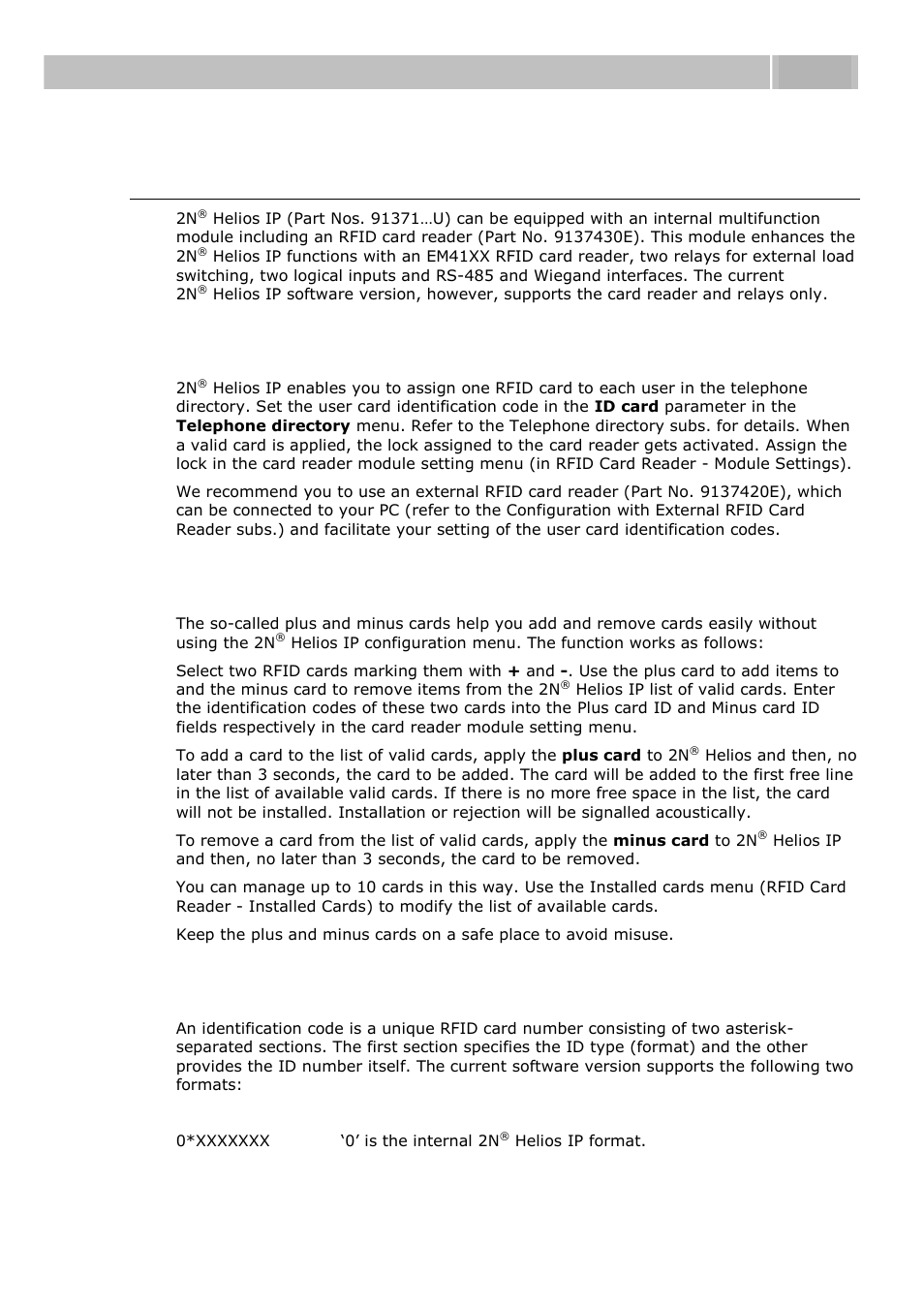 Rfid card reader, Rfid card reader function, Use of plus and minus cards | Rfid card id, Configuration 3.3 | 2N Helios IP User manual, 1510 v1.12 User Manual | Page 92 / 127
