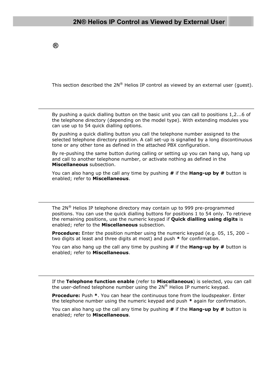 Helios ip control as viewed by external user, Quick dialling buttons, Calling to telephone directory position | Calling to user-defined telephone number, 1 2n | 2N Helios IP User manual, 1510 v1.11 User Manual | Page 102 / 119
