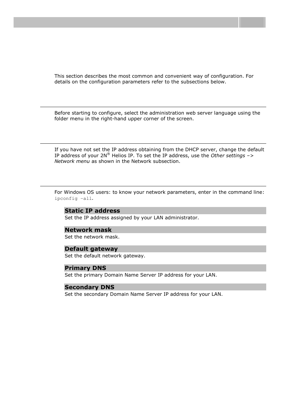 Quick configuration for calling, Language selection, Network settings | Static parameter setting, 2 quick configuration for calling | 2N Helios IP User manual, 1510 v1.11 User Manual | Page 48 / 119