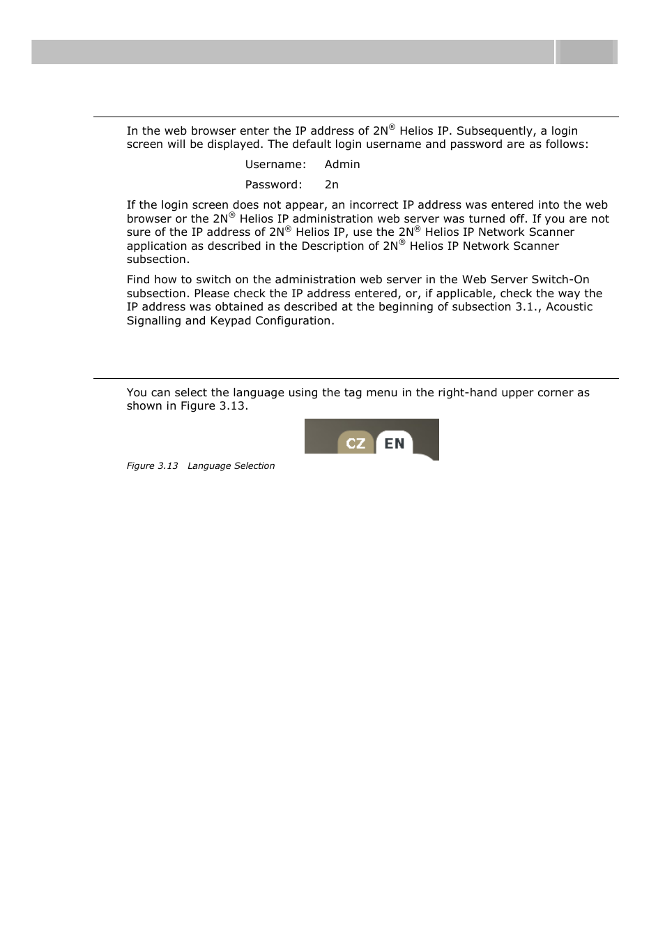 Login, Language selection, Configuration 3.3 | 2N Helios IP User manual, 1510 v1.11 User Manual | Page 57 / 119