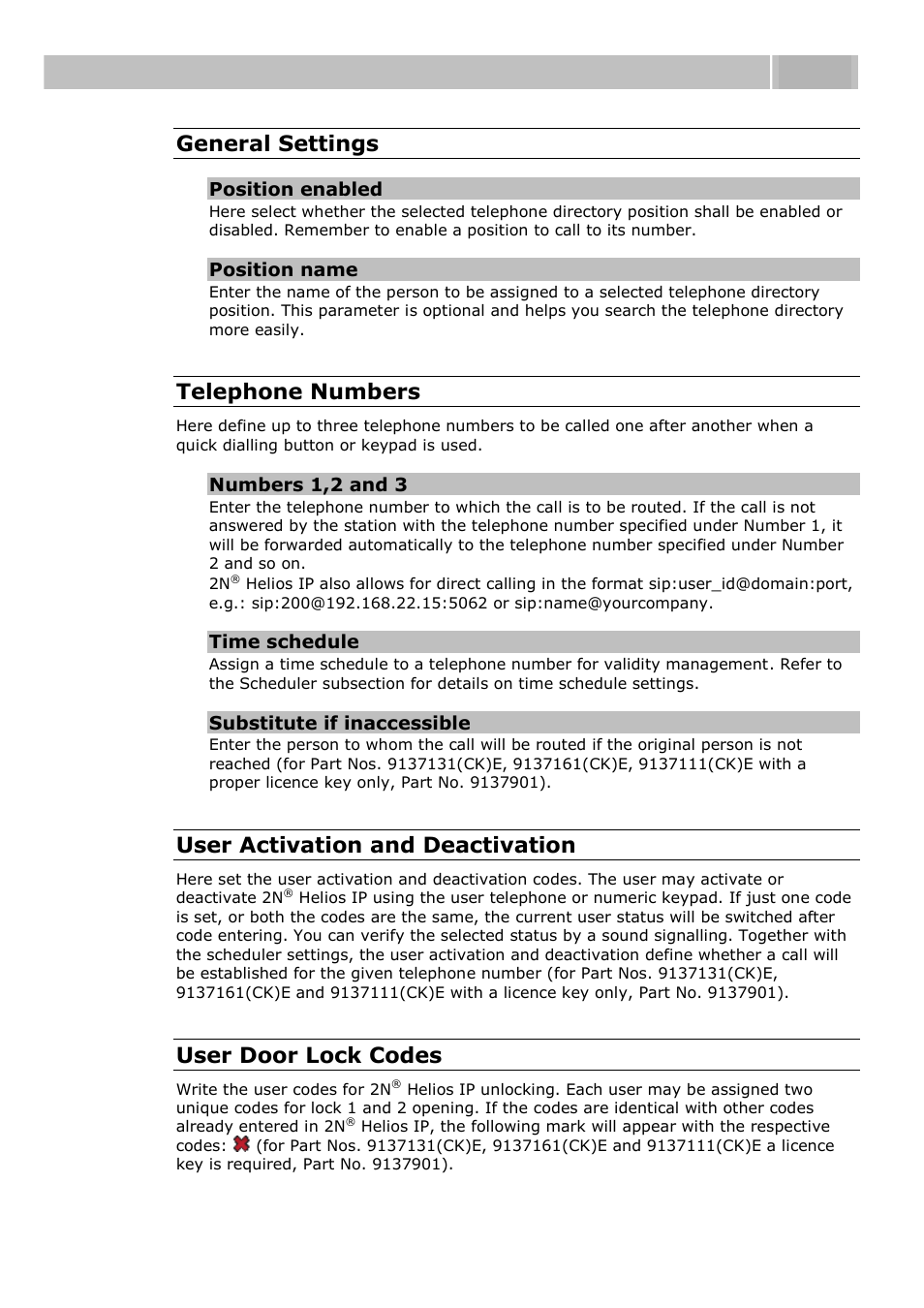 Configuration 3.3, General settings, Telephone numbers | User activation and deactivation, User door lock codes | 2N Helios IP User manual, 1510 v1.11 User Manual | Page 61 / 119