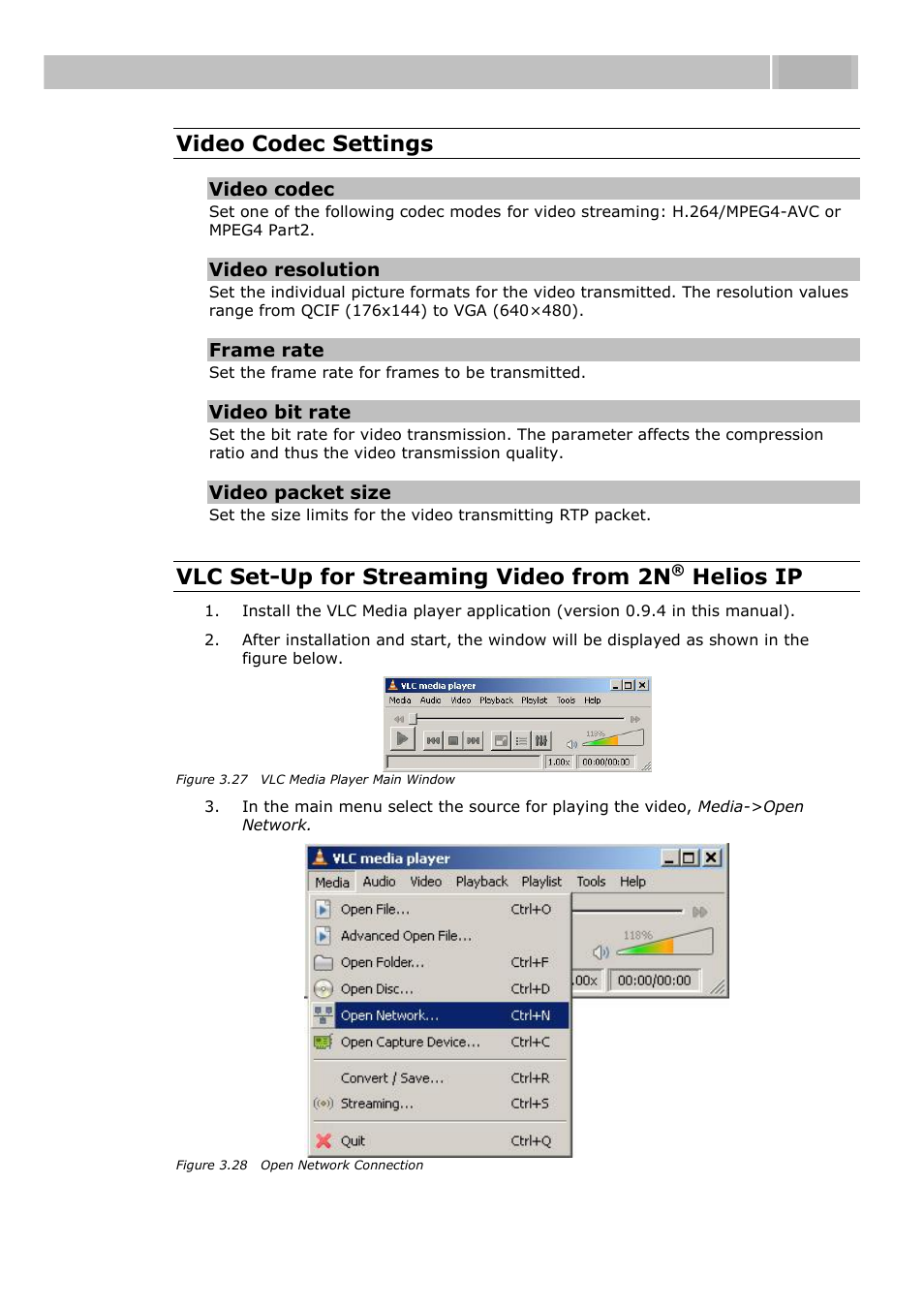 Configuration 3.3, Video codec settings, Vlc set-up for streaming video from 2n | Helios ip | 2N Helios IP User manual, 1510 v1.11 User Manual | Page 81 / 119